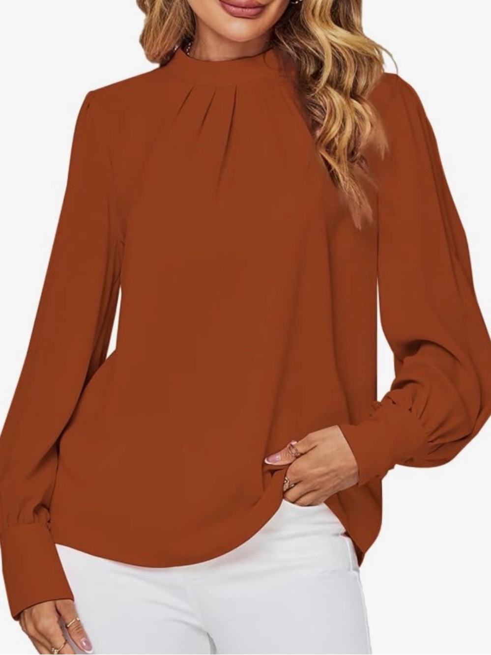Mock Neck Long Sleeve Blouse in Rust